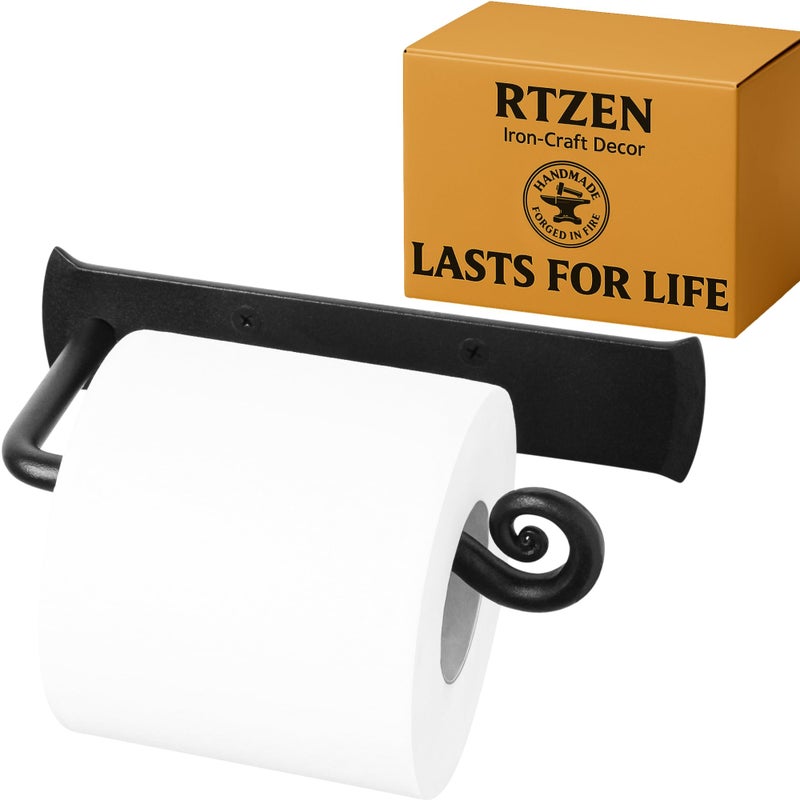 RTZEN Bathroom Toilet Paper Holder - Handcrafted Rustic Wrought Iron Wall Decor Toilet Roll Holder - Black Matte Wall Mount Bar for Modern Farmhouse Bathroom Decor - Image 1